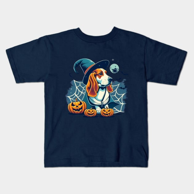 Basset Hound Pumpkin Kids T-Shirt by BukovskyART